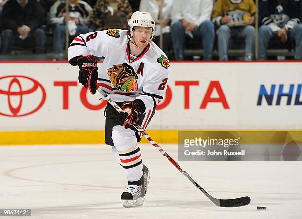 Duncan Keith of the Chicago Blackhawks skates against the Nashville Predators in Game Four of the Western Conference Quarterfinals during the 2010...