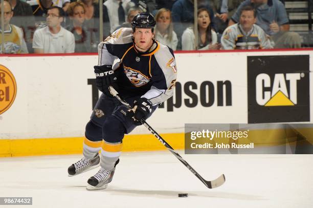 Ryan Suter of the Nashville Predators skates against the Chicago Blackhawks in Game Four of the Western Conference Quarterfinals during the 2010 NHL...