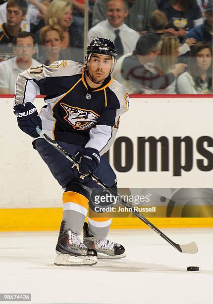 Francis Bouillon of the Nashville Predators skates against the Chicago Blackhawks in Game Four of the Western Conference Quarterfinals during the...