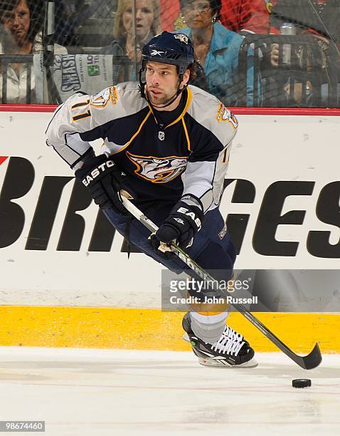 David Legwand of the Nashville Predators skates against the Chicago Blackhawks in Game Four of the Western Conference Quarterfinals during the 2010...