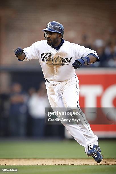 Tony Gwynn of the San Diego Padres leads off second base on Opening Day against the Atlanta Braves at Petco Park on Monday, April 12, 2010 in San...