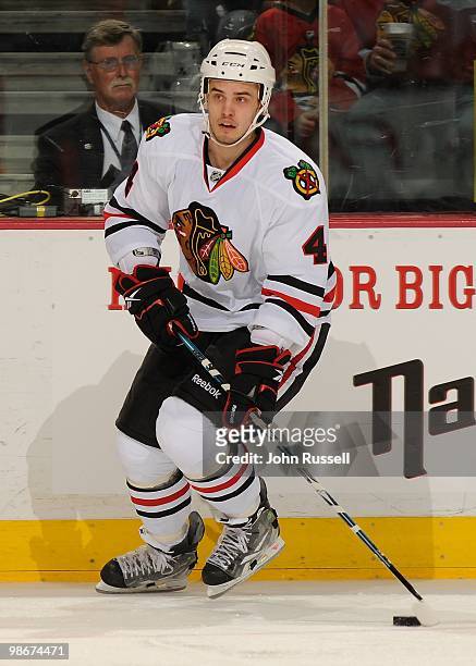 Niklas Hjalmarsson of the Chicago Blackhawks skates against the Nashville Predators in Game Four of the Western Conference Quarterfinals during the...