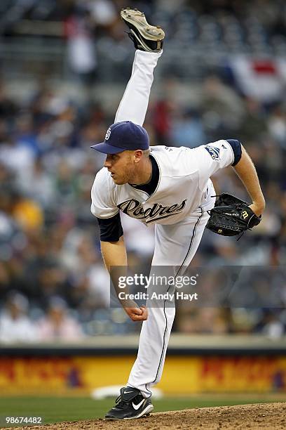 Adam Russell of the San Diego Padres pitches on Opening Day against the Atlanta Braves at Petco Park on Monday, April 12, 2010 in San Diego,...
