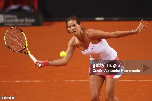 Julia Goerges of Germany plays a fore hand during her doubles match between Julia Goerges / Jasmin Woehr of Germany and Liga Dekmeijere of Latvia /...