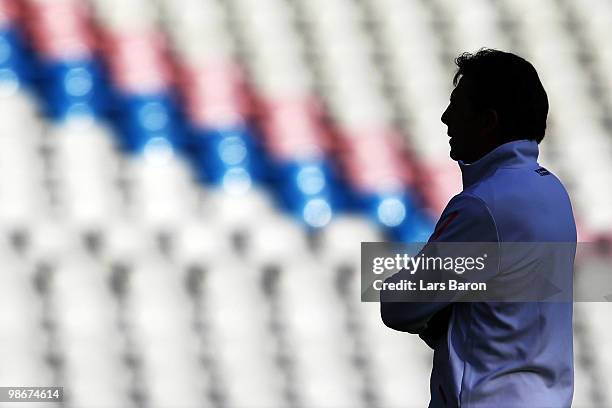 Head coach Claude Puel looks on during a Olympic Lyon training session at Stade de Gerland on April 26, 2010 in Lyon, France. Lyon will play against...