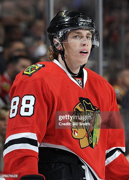 Patrick Kane of the Chicago Blackhawks looks down the ice at Game Two of the Western Conference Quarterfinals against the Nashville Predators during...