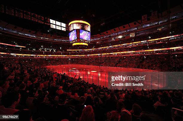 General view as the Chicago Blackhawks pre-game video plays before Game Two of the Western Conference Quarterfinals against the Nashville Predators...