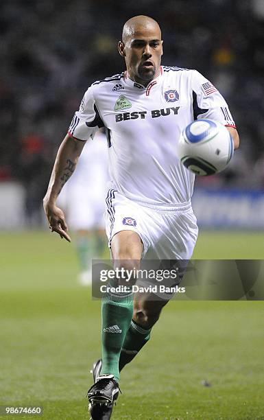 Brown of the Chicago Fire brings the ball forward against the Houston Dynamo in an MLS match on April 24, 2010 at Toyota Park in Brideview, Illinois....