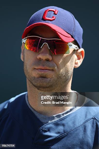 Travis Hafner of the Cleveland Indians takes batting practice before the game against the Oakland Athletics at the Oakland-Alameda County Coliseum on...