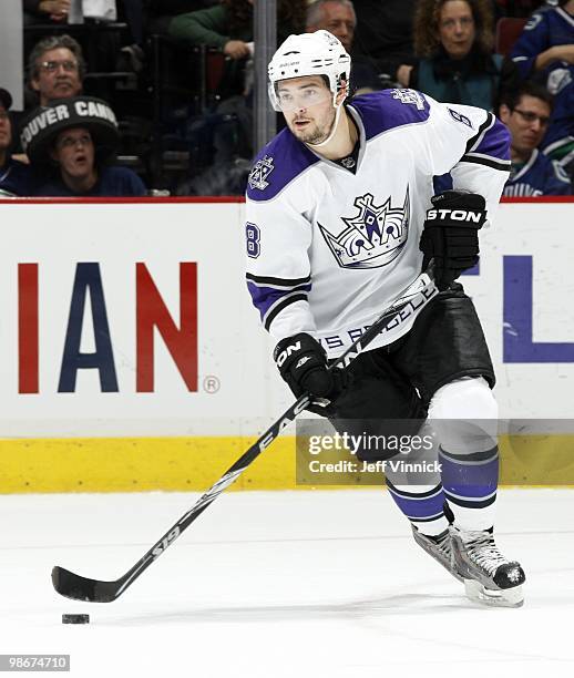 Drew Doughty of the Los Angeles Kings skates up ice with the puck in Game Five of the Western Conference Quarterfinals in their game against the...