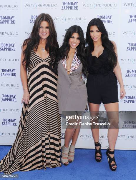 Khloe Kardashian, Kourtney Kardashian and Kim Kardashian arrive at Wet Republic on April 24, 2010 in Las Vegas, Nevada.