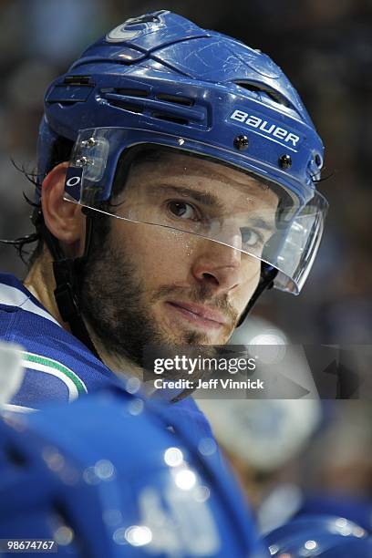 Ryan Kesler of the Vancouver Canucks looks on from the bench in Game Five of the Western Conference Quarterfinals in their game against the Los...