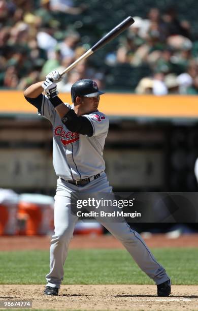 Jhonny Peralta of the Cleveland Indians bats against the Oakland Athletics during the game at Oakland-Alameda County Coliseum on April 24, 2010 in...