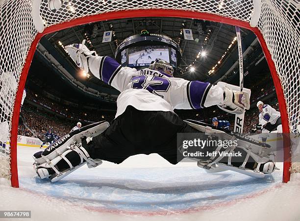 Jonathan Quick of the Los Angeles Kings makes a sprawling save in Game Five of the Western Conference Quarterfinals in their game against the...