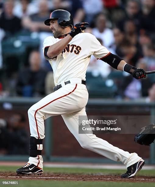 Mark DeRosa of the San Francisco Giants bats against the St. Louis Cardinals during the game at AT&T Park on April 24, 2010 in San Francisco,...