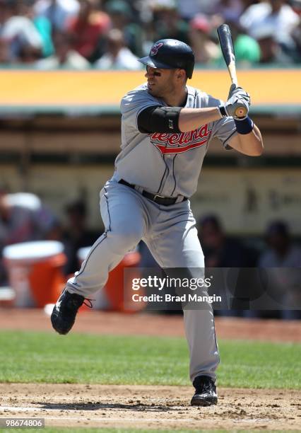 Travis Hafner of the Cleveland Indians bats against the Oakland Athletics during the game at Oakland-Alameda County Coliseum on April 24, 2010 in...