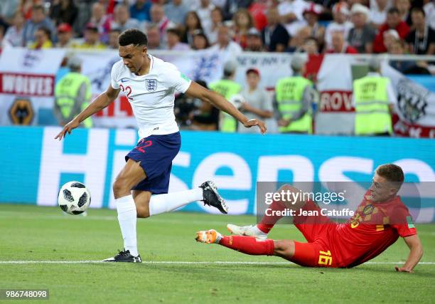 Trent Alexander-Arnold of England, Thorgan Hazard of Belgium during the 2018 FIFA World Cup Russia group G match between England and Belgium at...