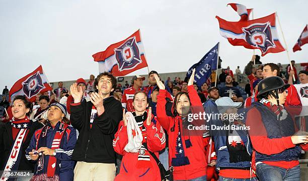 Chicago Fire fans cheer before the game against the Houston Dynamo in an MLS match on April 24, 2010 at Toyota Park in Brideview, Illinois. The Fire...