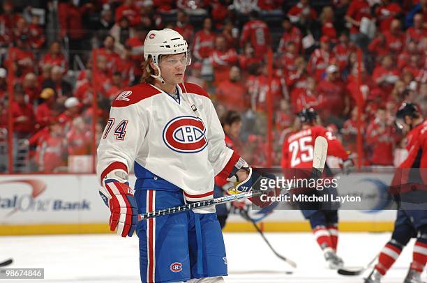 Sergei Kostitsynl of the Montreal Canadiens looks on before a game against the Washington Capitals during Game Two of the Eastern Conference...