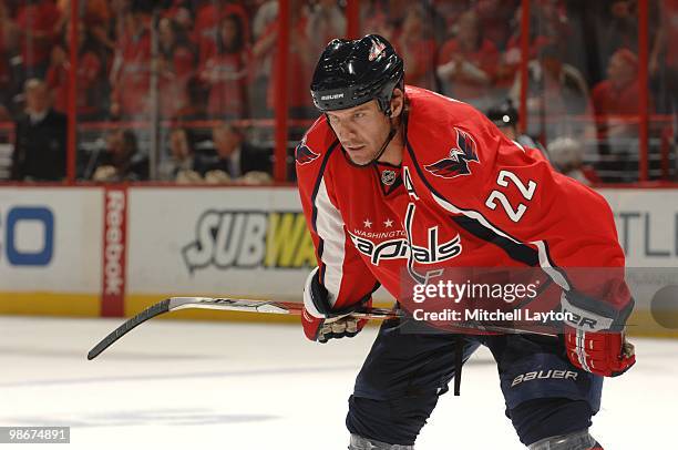 Mike Knuble of the Washington Capitals looks on during a game against the Montreal Canadiens during Game Two of the Eastern Conference Quarterfinals...