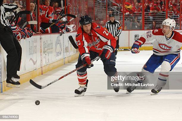 Mike Knuble of the Washington Capitals skates with the puck during a game against the Montreal Canadiens during Game Two of the Eastern Conference...