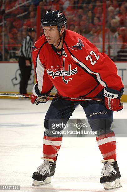 Mike Knuble of the Washington Capitals looks on during a game against the Montreal Canadiens during Game Two of the Eastern Conference Quarterfinals...
