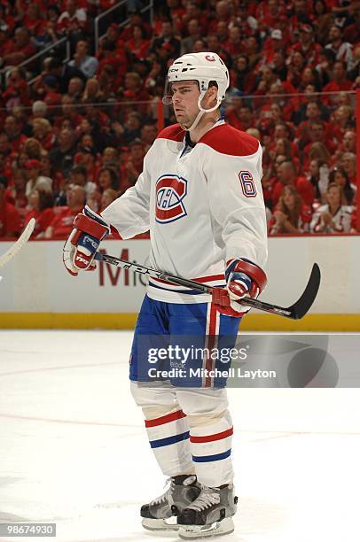 Jaroslav Spacek of the Montreal Canadiens looks on during a game against the Washington Capitals during Game Two of the Eastern Conference...