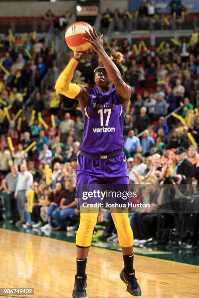 Essence Carson of the Los Angeles Sparks shoots the ball against the Seattle Storm on June 28, 2018 at Key Arena in Seattle, Washington. NOTE TO...