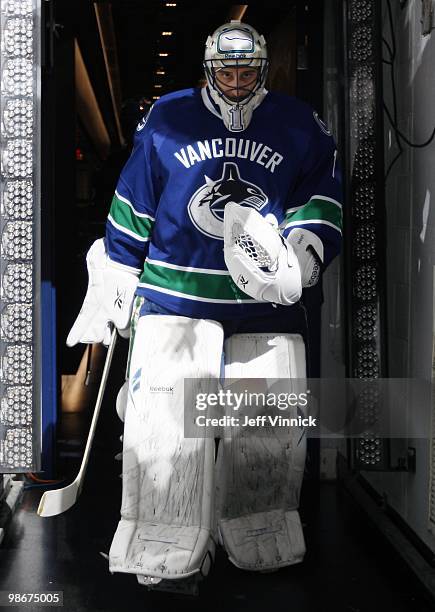 Roberto Luongo of the Vancouver Canucks walks to the ice in Game Five of the Western Conference Quarterfinals in their game against the Los Angeles...