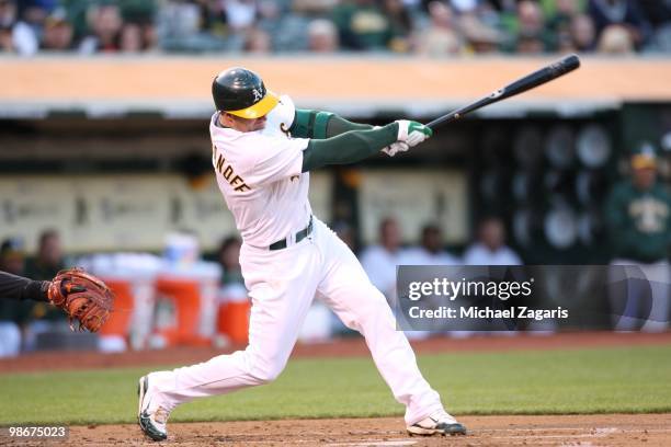 Kevin Kouzmanoff of the Oakland Athletics hitting during the game against the Baltimore Orioles at the Oakland Coliseum in Oakland, California on...