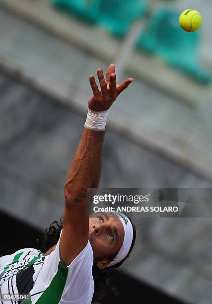 Russia's Igor Anfreev serves to Argentina's Juan Monaco during their ATP Tennis Rome Masters game on April 26, 2010 in Rome. Monaco won 7-6 7-5. AFP...