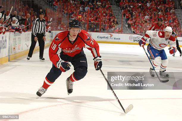 Alexander Semin of the Washington Capitals skates with the puck during a game against the Montreal Canadiens during Game Two of the Eastern...