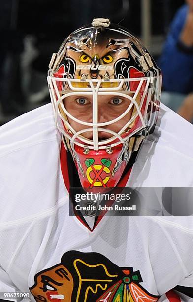 Antti Niemi of the Chicago Blackhawks minds the net against the Nashville Predators in Game Four of the Western Conference Quarterfinals during the...