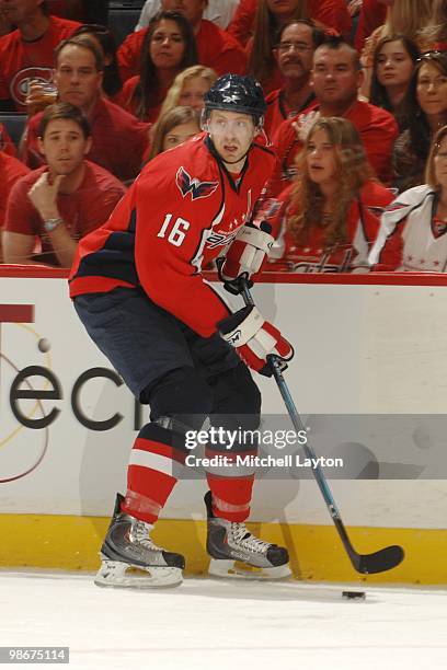 Eric Fehr of the Washington Capitals skates with the puck during a game against the Montreal Canadiens during Game Two of the Eastern Conference...