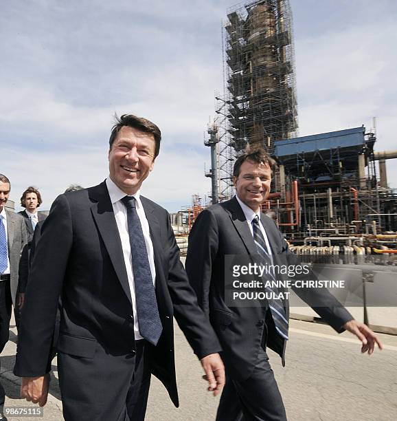 French Industry Minister Christian Estrosi and local MP Renaud Muselier visit British group Ineos mediterranean refinery of Lavera in Martigues,...
