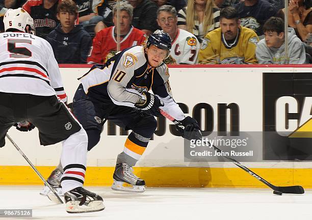 Martin Erat of the Nashville Predators skates against the Chicago Blackhawks in Game Four of the Western Conference Quarterfinals during the 2010 NHL...