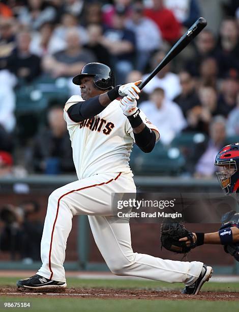 Juan Uribe of the San Francisco Giants bats against the St. Louis Cardinals during the game at AT&T Park on April 24, 2010 in San Francisco,...