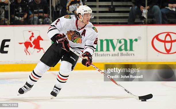 Duncan Keith of the Chicago Blackhawks skates against the Nashville Predators in Game Four of the Western Conference Quarterfinals during the 2010...