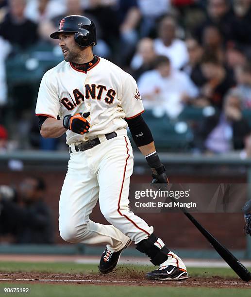 Mark DeRosa of the San Francisco Giants bats against the St. Louis Cardinals during the game at AT&T Park on April 24, 2010 in San Francisco,...