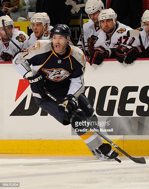 Dumont of the Nashville Predators skates against the Chicago Blackhawks in Game Four of the Western Conference Quarterfinals during the 2010 NHL...