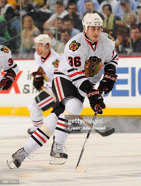 Dave Bolland of the Chicago Blackhawks skates against the Nashville Predators in Game Four of the Western Conference Quarterfinals during the 2010...