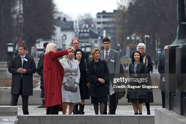 Svetlana Medvedeva , wife of Russian president Dmitry Medvedev, and Queen Sonja of Norway visit the Vigeland Sculpture Park on April 26, 2010 in...