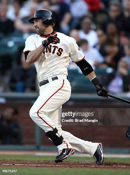 Mark DeRosa of the San Francisco Giants bats against the St. Louis Cardinals during the game at AT&T Park on April 24, 2010 in San Francisco,...