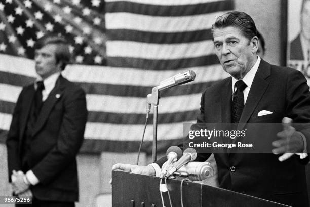 Presidential candidate Ronald Reagan answers reporters questions after a speech as seen in this 1976 Los Angeles, California, photo leading up to the...