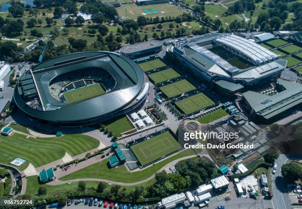 Aerial Photograph of the Wimbledon, All England Lawn Tennis Club on June 27th, 2018. Aerial Photograph by David Goddard/Getty Images