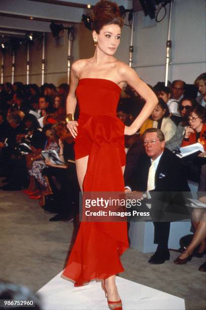 Carla Bruni models at New York Fashion Week circa 1991 in New York.