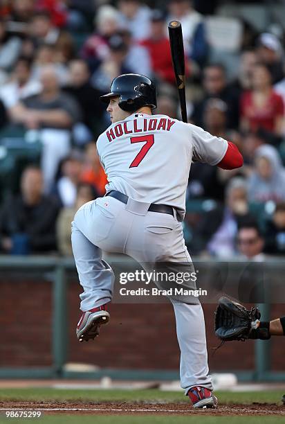 Matt Holliday of the St. Louis Cardinals bats against the San Francisco Giants during the game at AT&T Park on April 24, 2010 in San Francisco,...