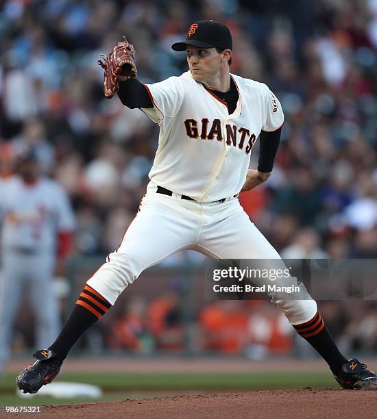 Barry Zito of the San Francisco Giants pitches against the St. Louis Cardinals during the game at AT&T Park on April 24, 2010 in San Francisco,...