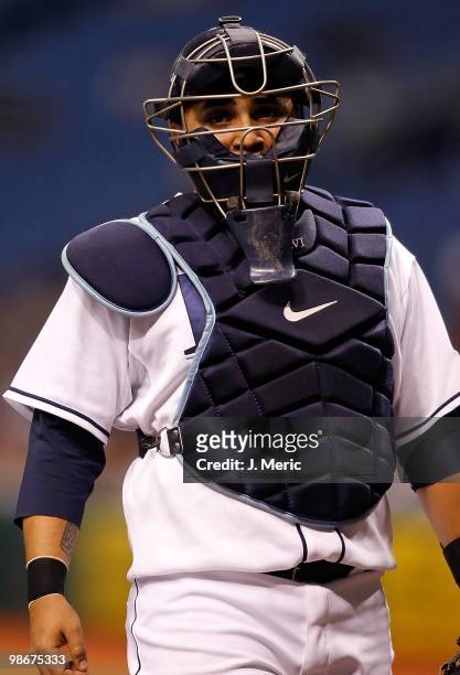 Catcher Dioner Navarro of the Tampa Bay Rays looks into the dugout against the Toronto Blue Jays during the game at Tropicana Field on April 23, 2010...