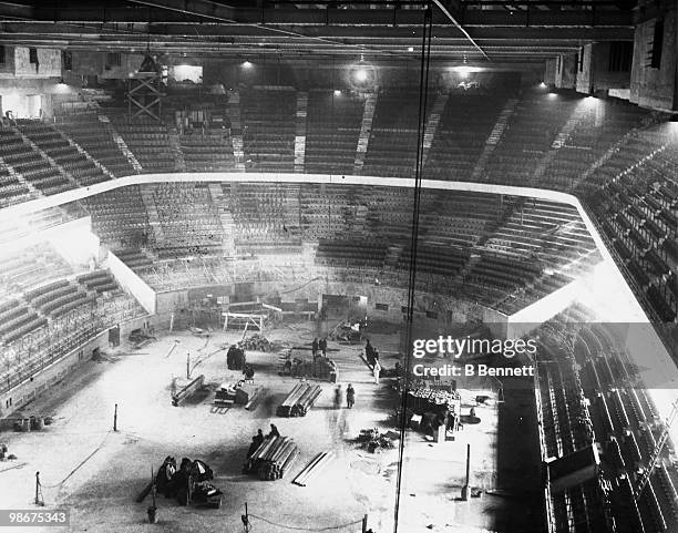 Interior view of the construction of the Madison Square Garden, located on West 50th Street and 8th Avenue, New York City circa 1920's.